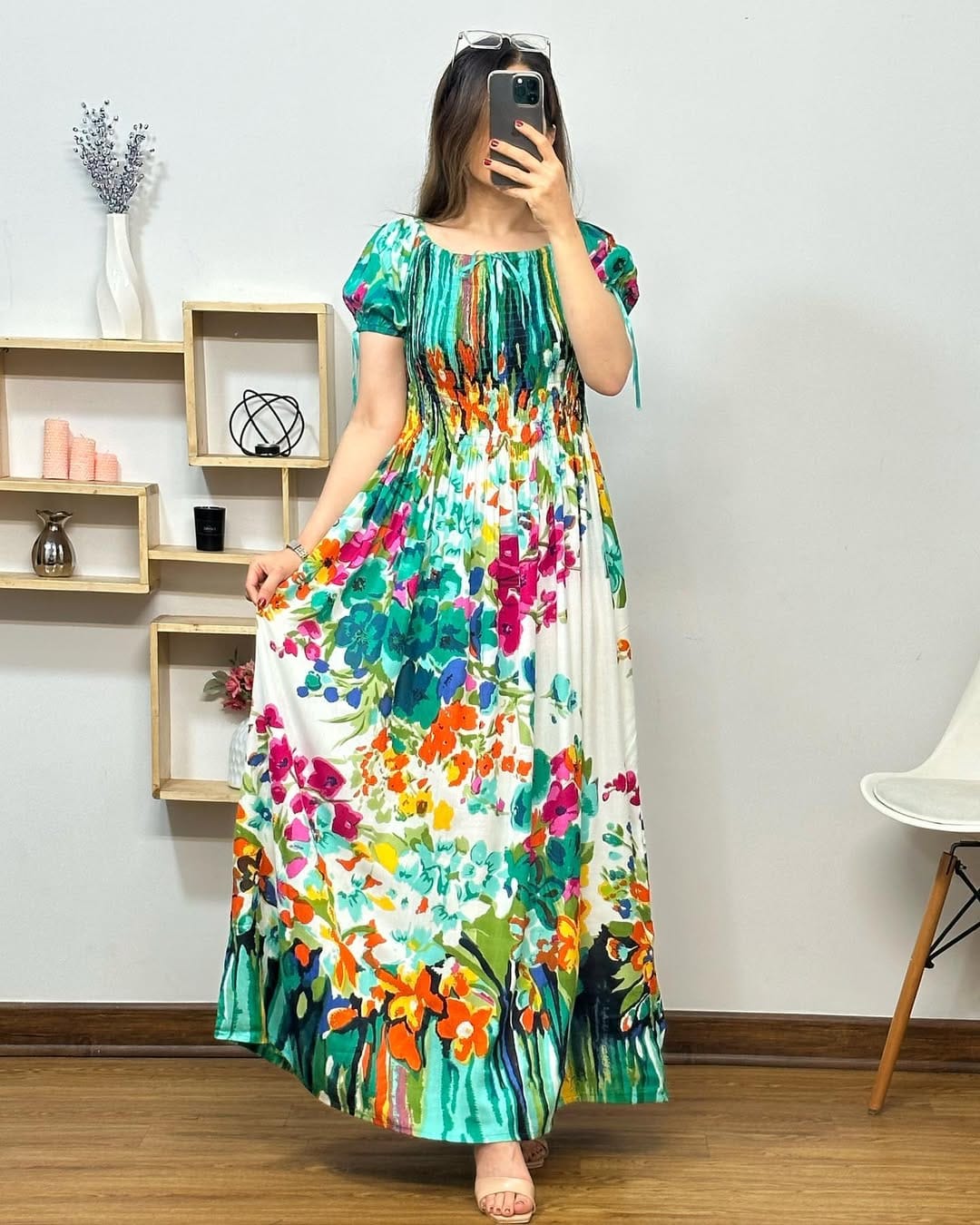 Half Sleeves Round Neck Floral Printed Rayon Fit and Flare Gowns