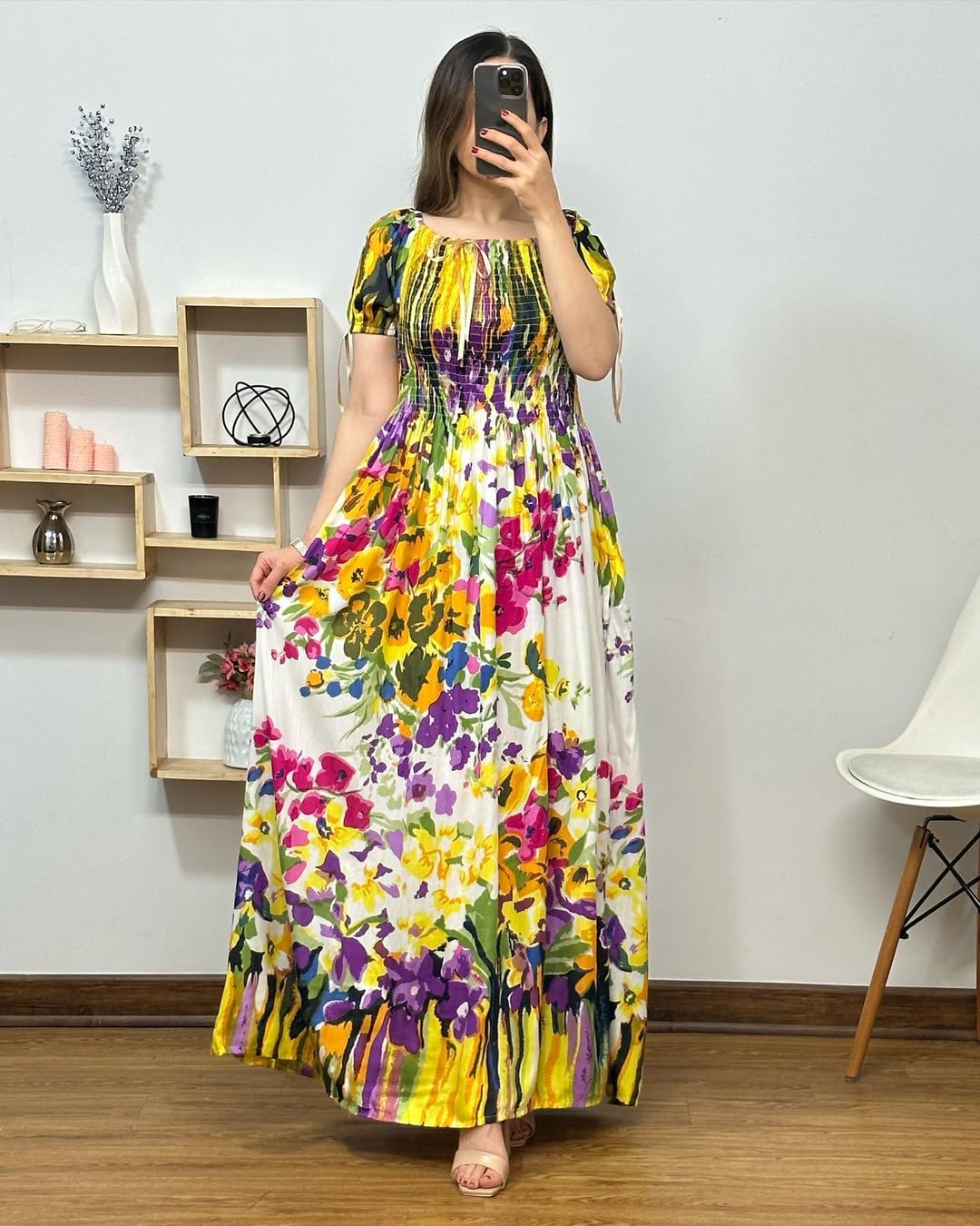 Half Sleeves Round Neck Floral Printed Rayon Fit and Flare Gowns