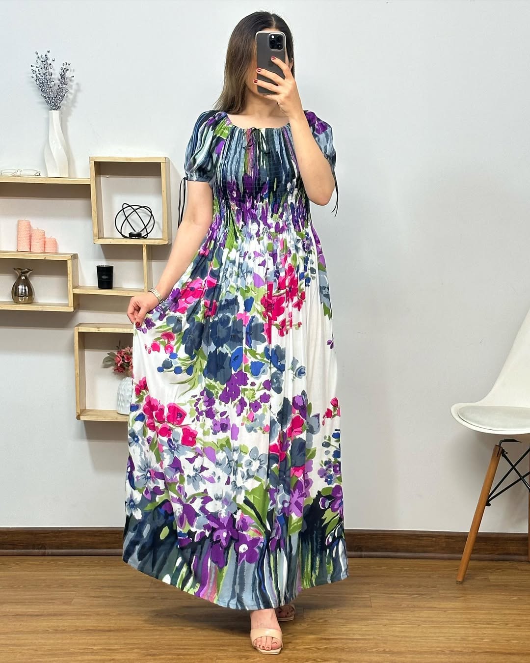 Half Sleeves Round Neck Floral Printed Rayon Fit and Flare Gowns
