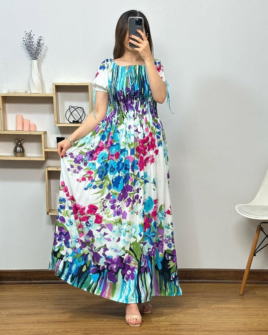 Half Sleeves Round Neck Floral Printed Rayon Fit and Flare Gowns