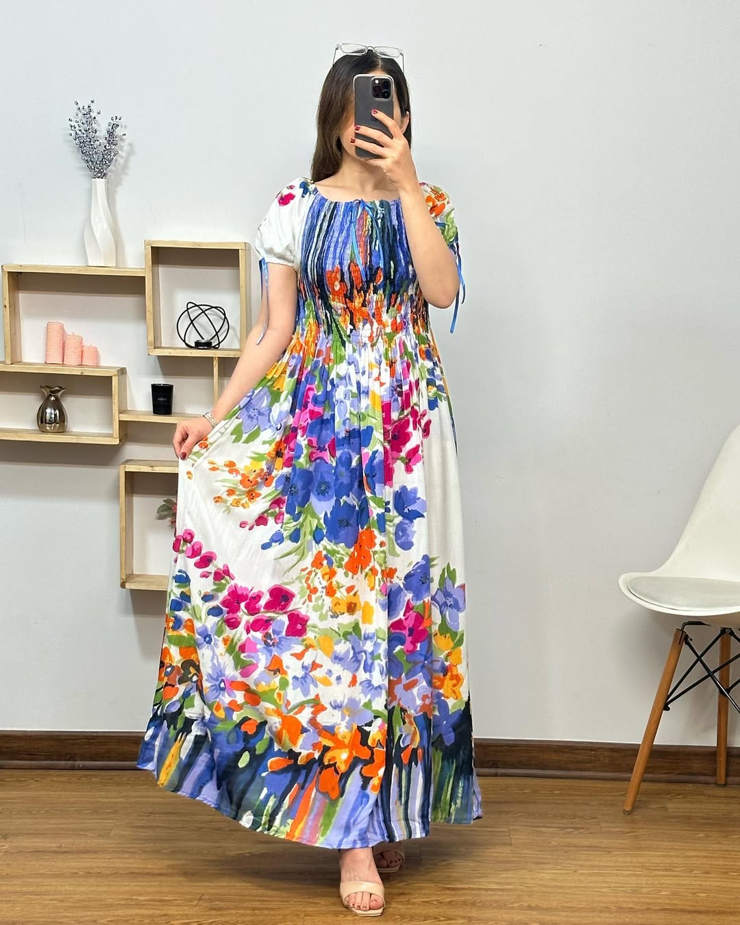 Half Sleeves Round Neck Floral Printed Rayon Fit and Flare Gowns