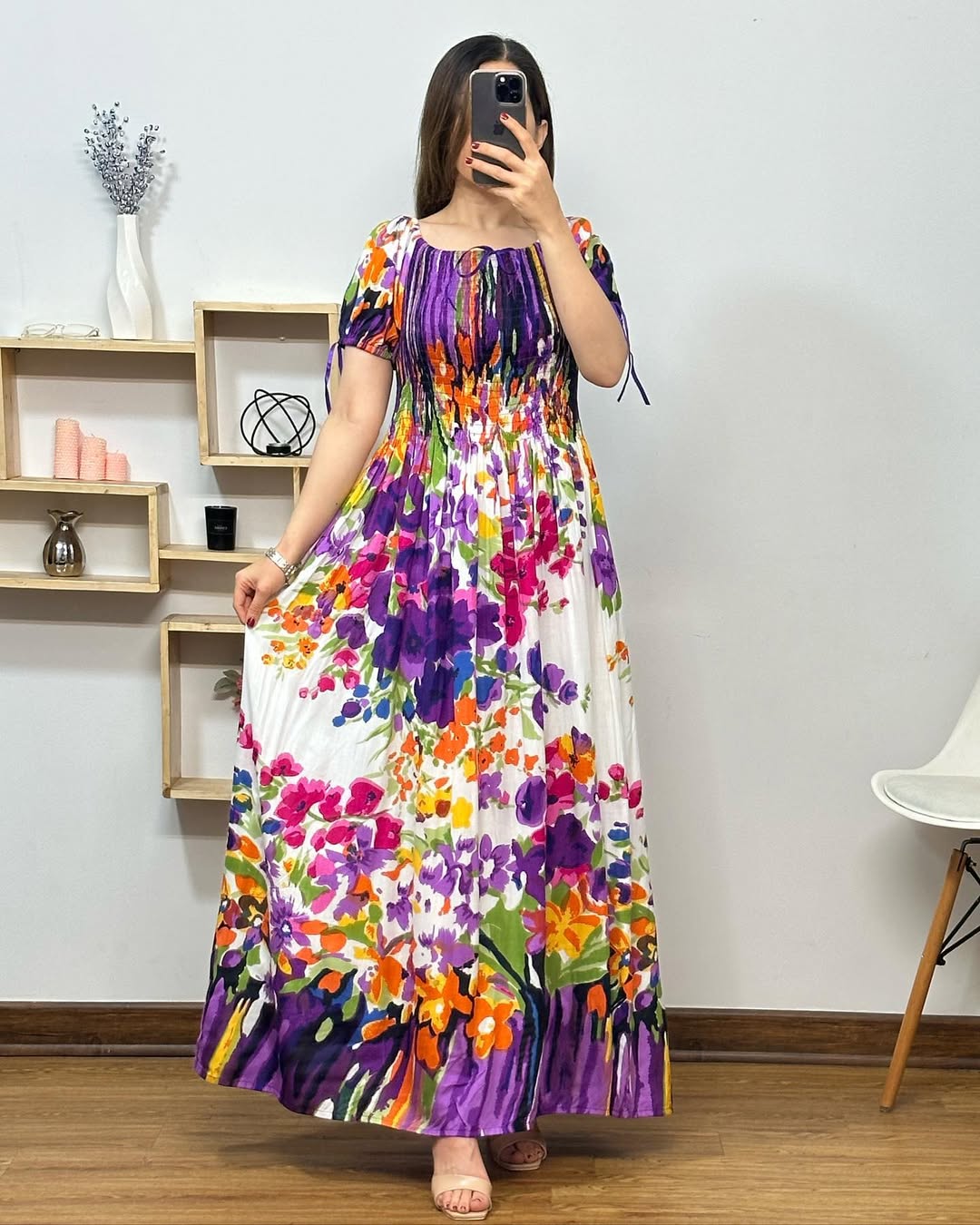 Half Sleeves Round Neck Floral Printed Rayon Fit and Flare Gowns