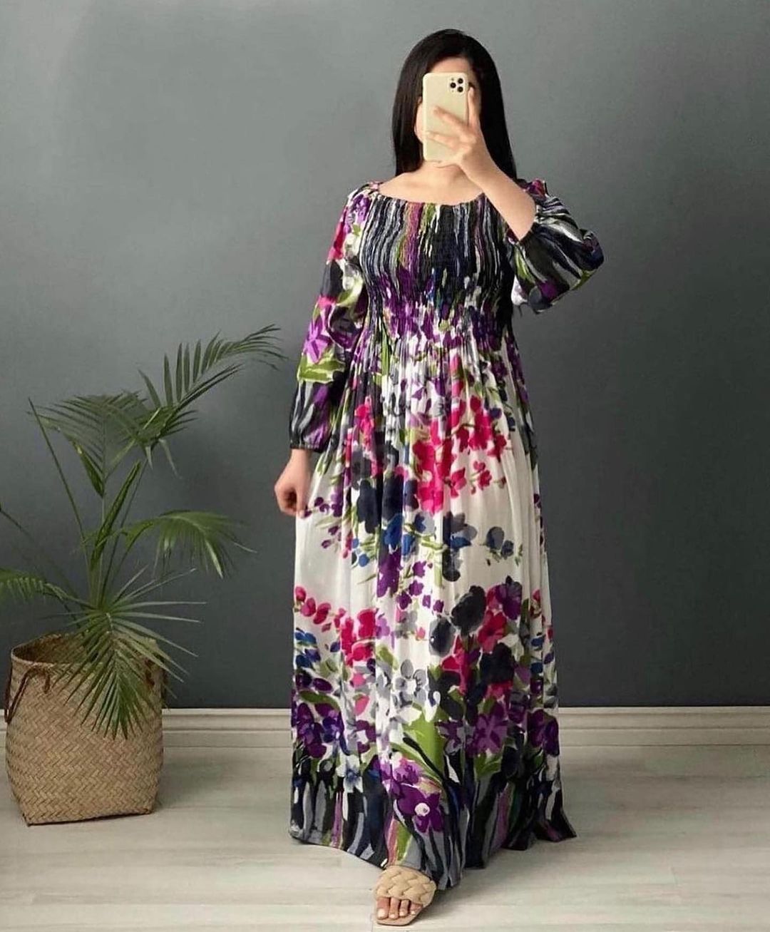 Full Sleeves Round Neck Floral Printed Rayon Fit and Flare Gowns