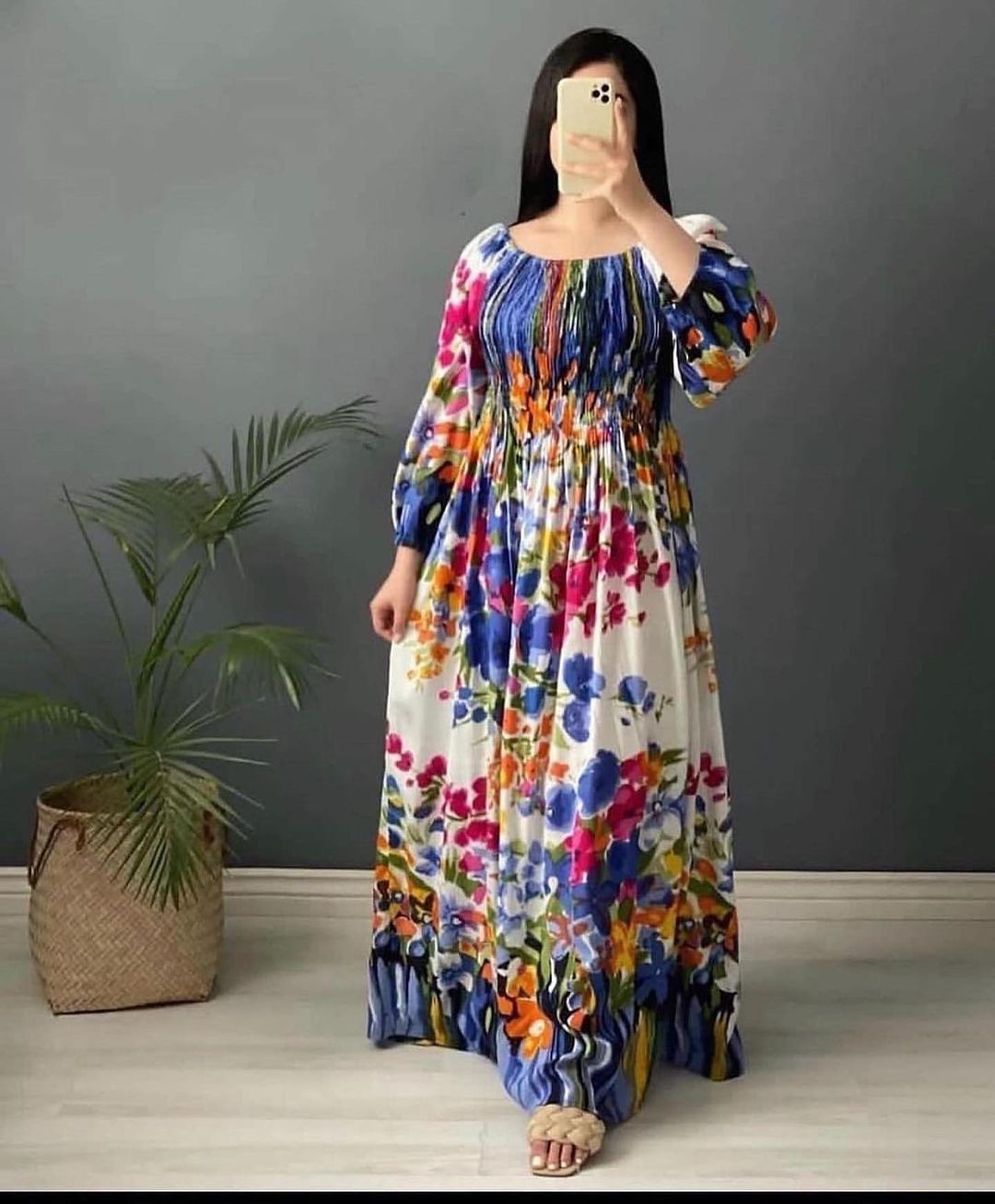 Full Sleeves Round Neck Floral Printed Rayon Fit and Flare Gowns
