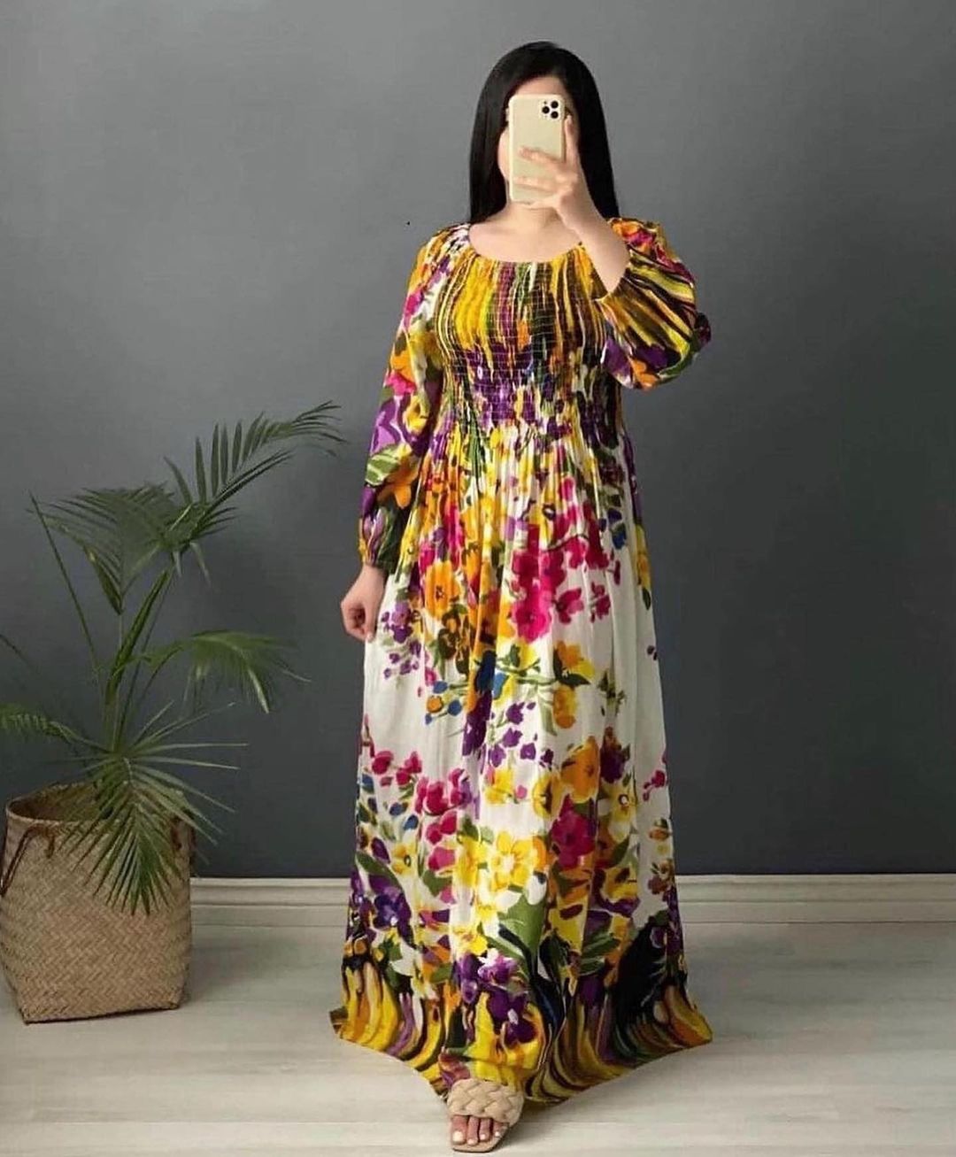 Full Sleeves Round Neck Floral Printed Rayon Fit and Flare Gowns
