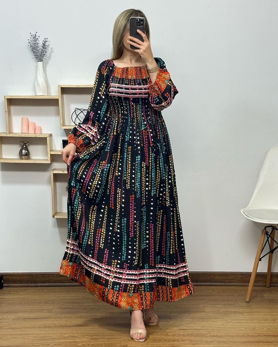 Women's Fit & Flare Cotton Maxi Dress – Casual Floral Frill Gown with Full Sleeves & Round Neck