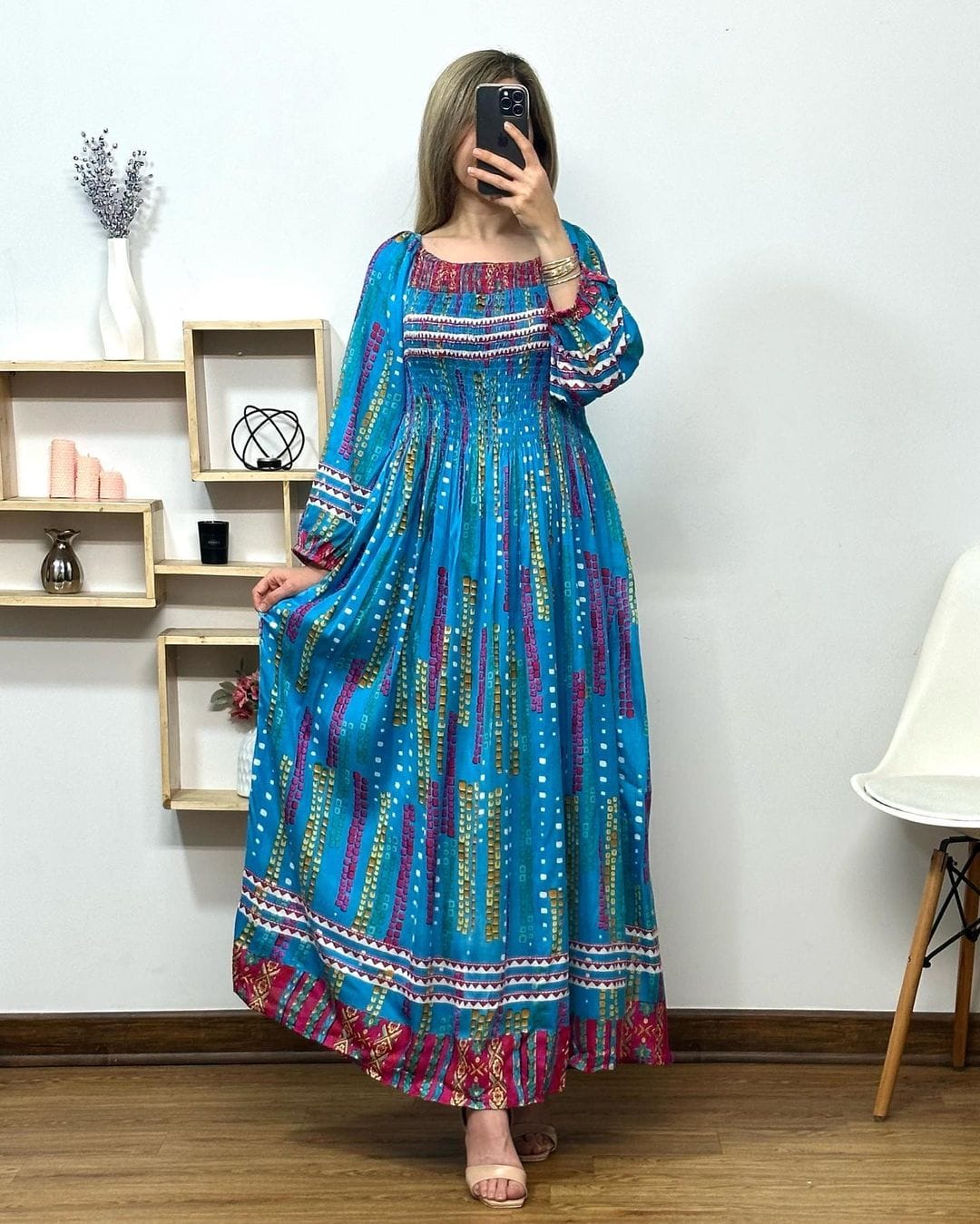 Women's Fit & Flare Cotton Maxi Dress – Casual Floral Frill Gown with Full Sleeves & Round Neck