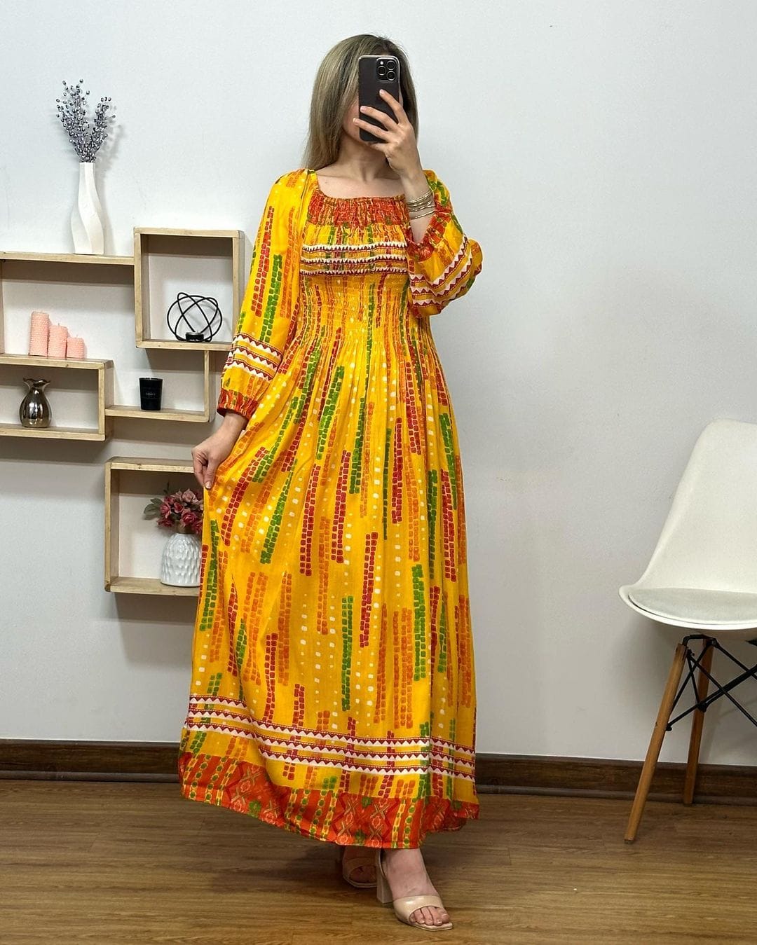 Women's Fit & Flare Cotton Maxi Dress – Casual Floral Frill Gown with Full Sleeves & Round Neck