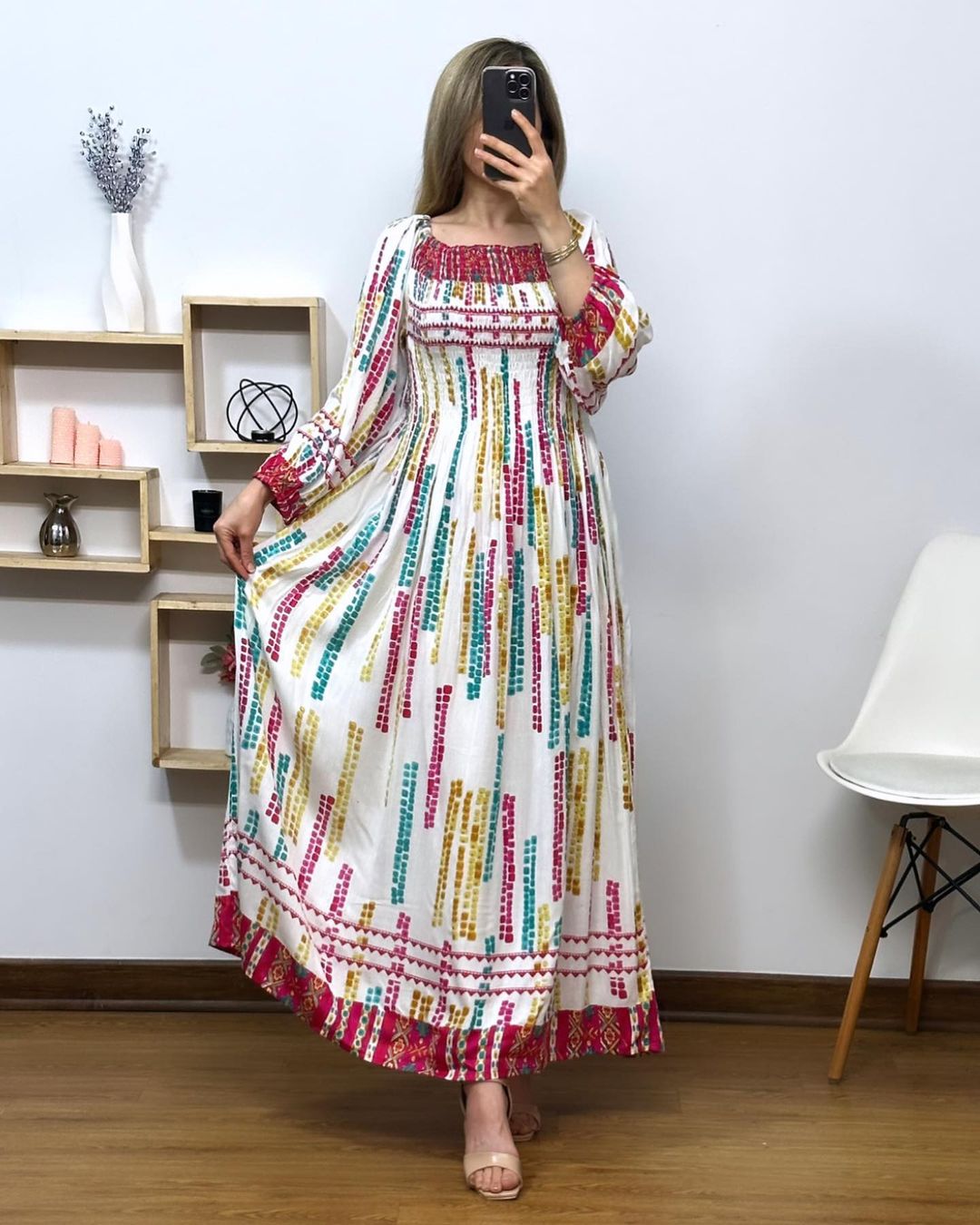 Women's Fit & Flare Cotton Maxi Dress – Casual Floral Frill Gown with Full Sleeves & Round Neck