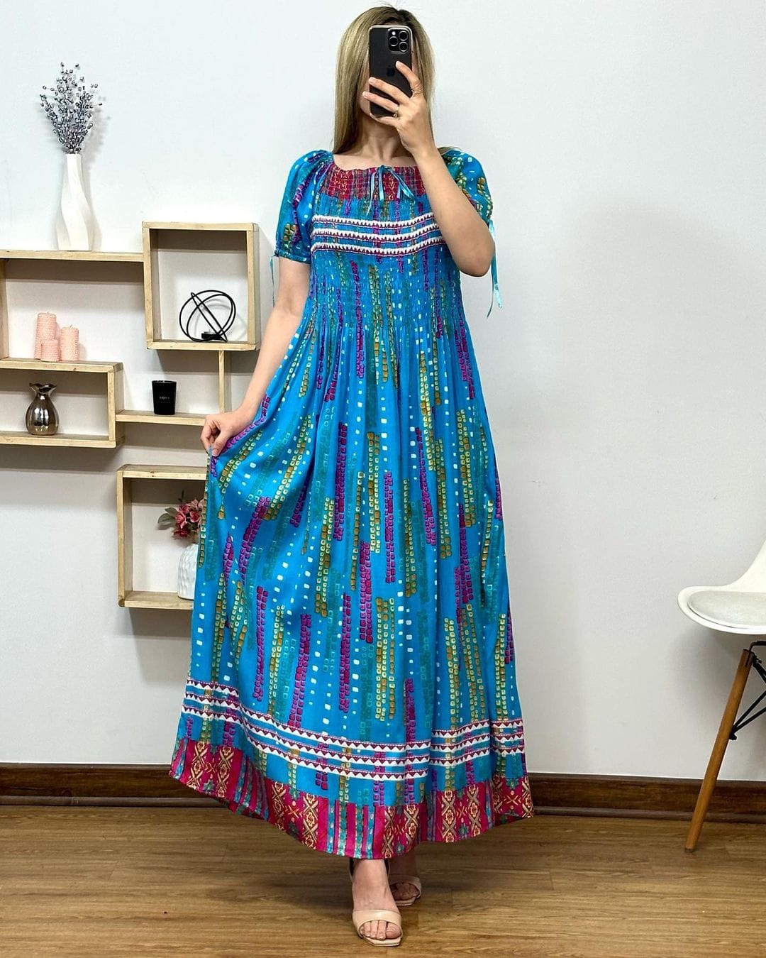 Women's Fit & Flare Cotton Maxi Dress – Casual Floral Frill Gown with Half Sleeves & Round Neck