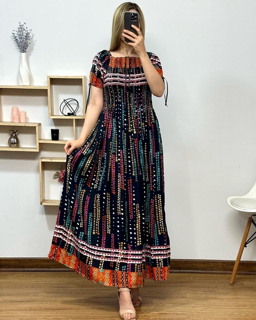 Women's Fit & Flare Cotton Maxi Dress – Casual Floral Frill Gown with Half Sleeves & Round Neck
