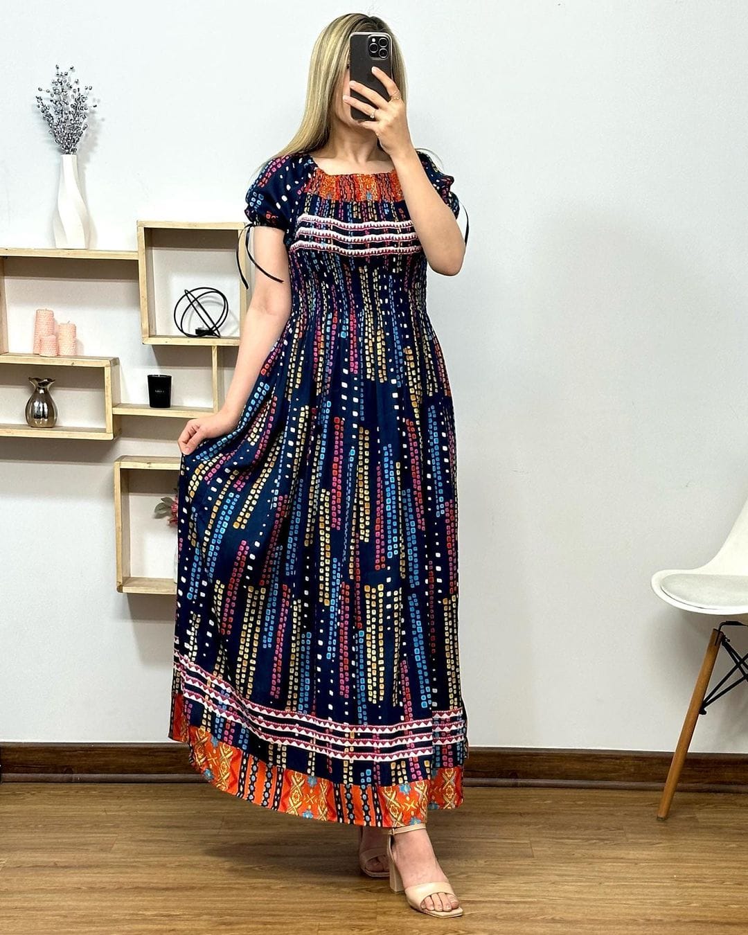 Women's Fit & Flare Cotton Maxi Dress – Casual Floral Frill Gown with Half Sleeves & Round Neck
