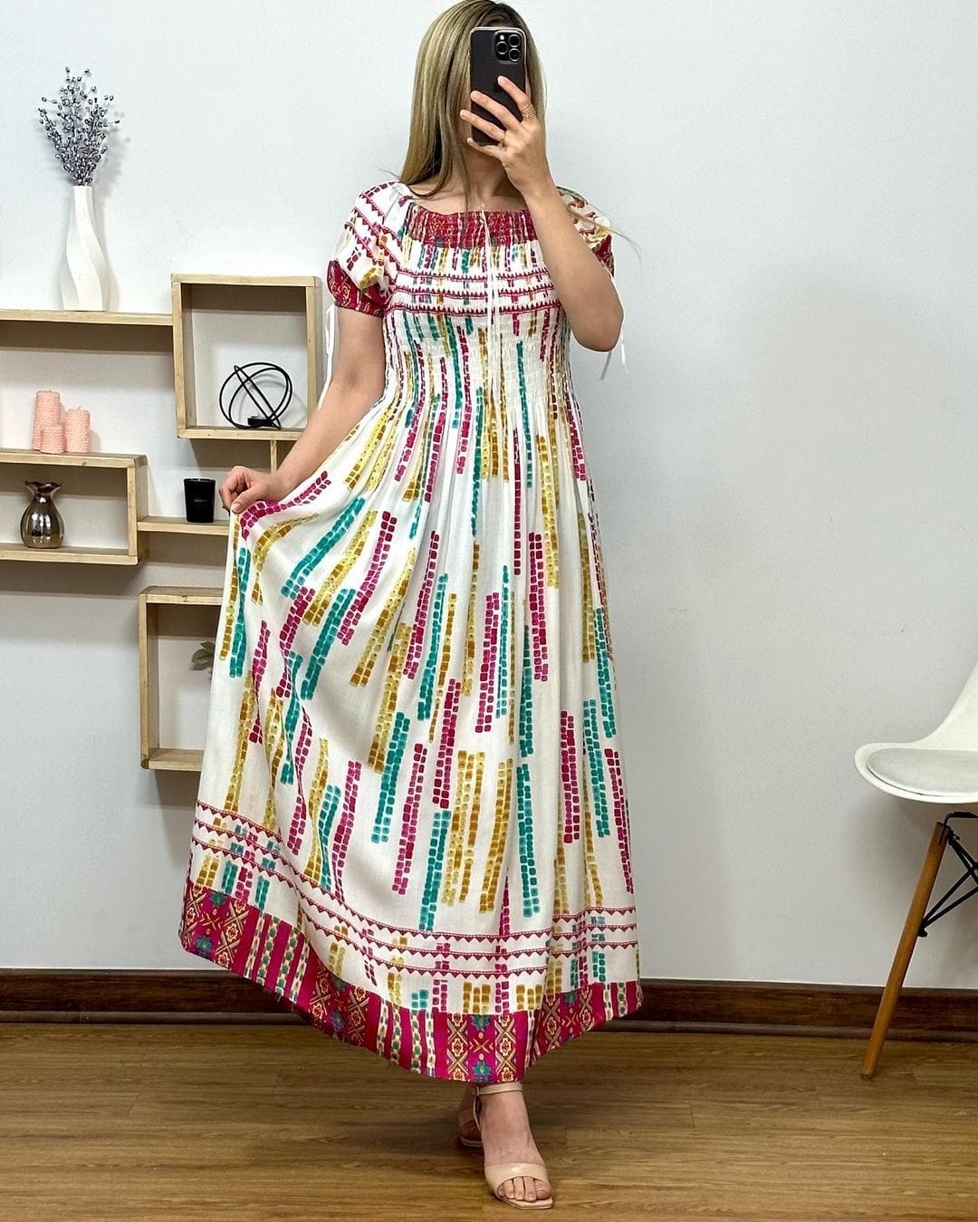 Women's Fit & Flare Cotton Maxi Dress – Casual Floral Frill Gown with Half Sleeves & Round Neck