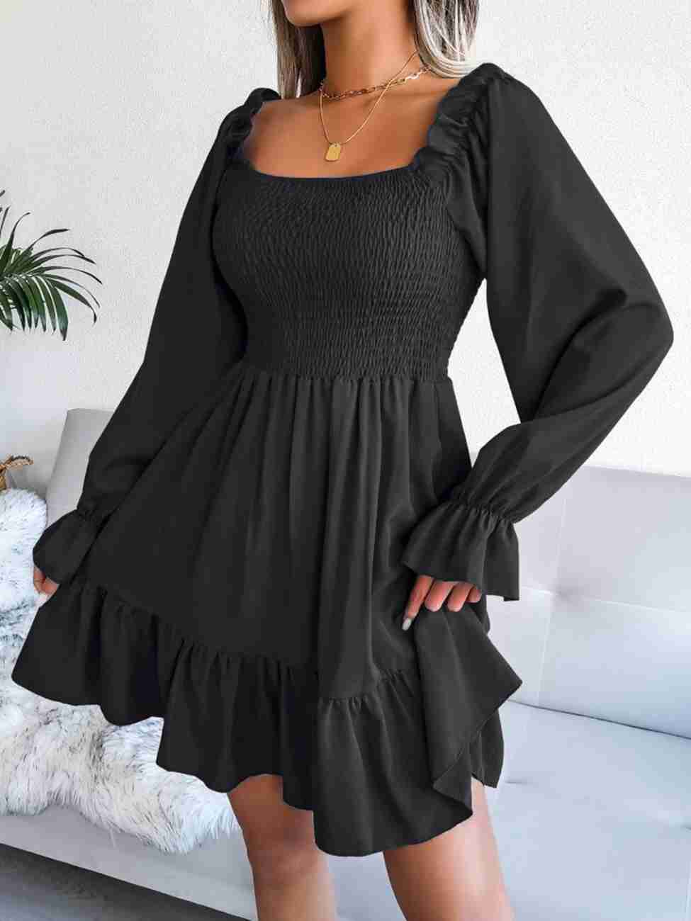 Women’s Blue Printed Square Neck A-Line Dress – Casual Poly Crepe with Ruffle Hem & Flounce Sleeves