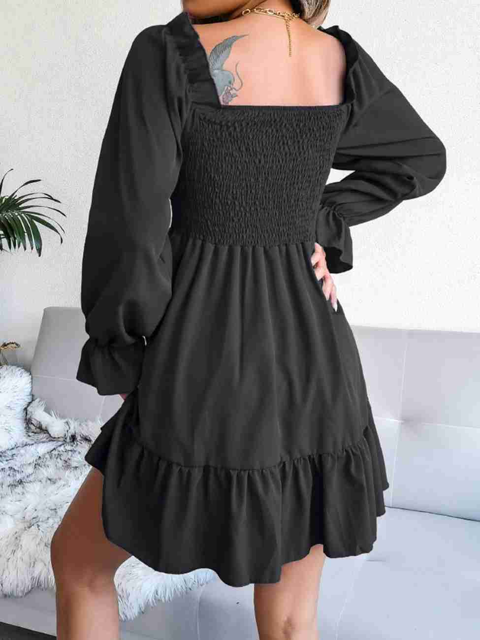 Women’s Blue Printed Square Neck A-Line Dress – Casual Poly Crepe with Ruffle Hem & Flounce Sleeves