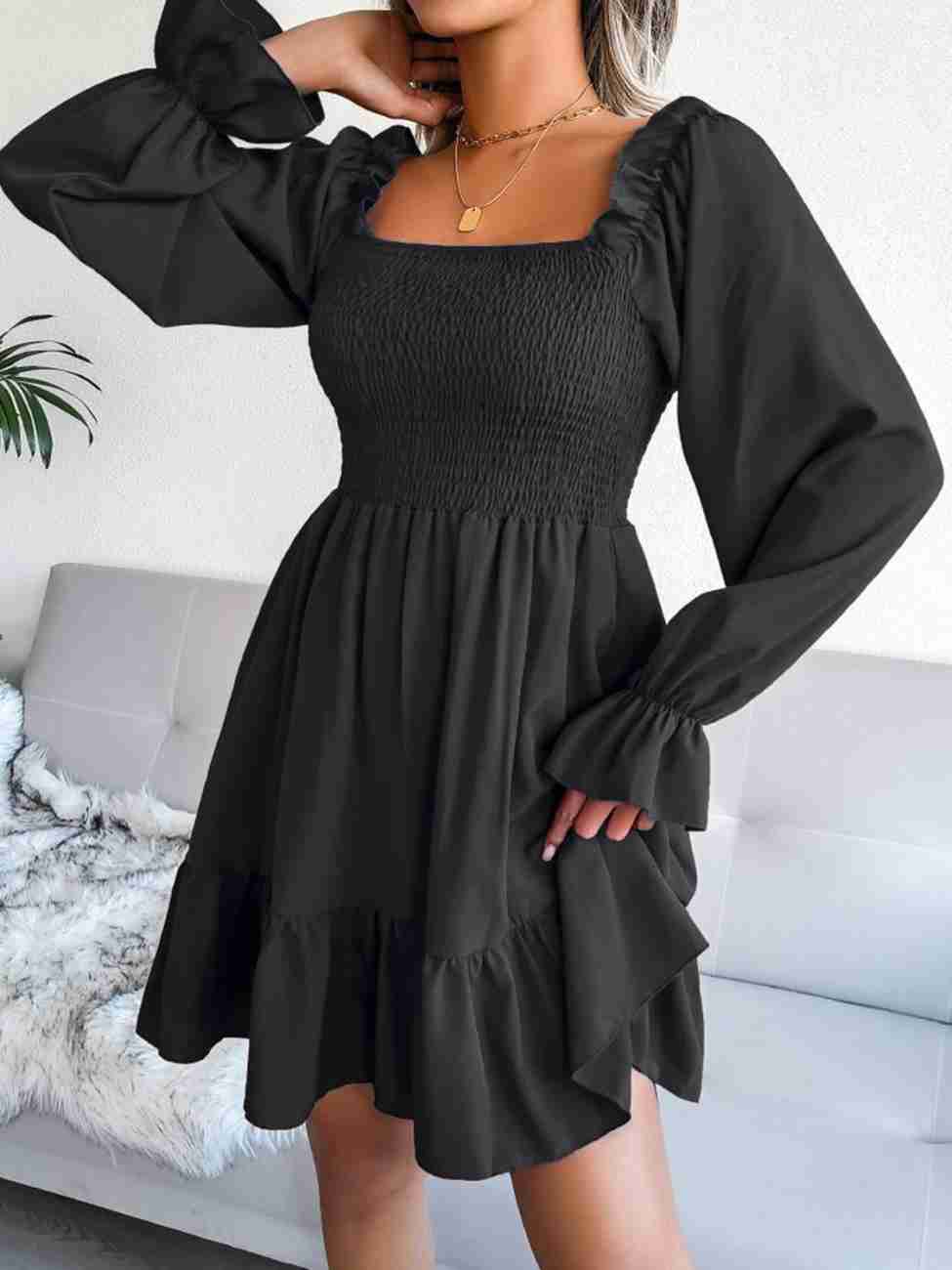 Women’s Blue Printed Square Neck A-Line Dress – Casual Poly Crepe with Ruffle Hem & Flounce Sleeves