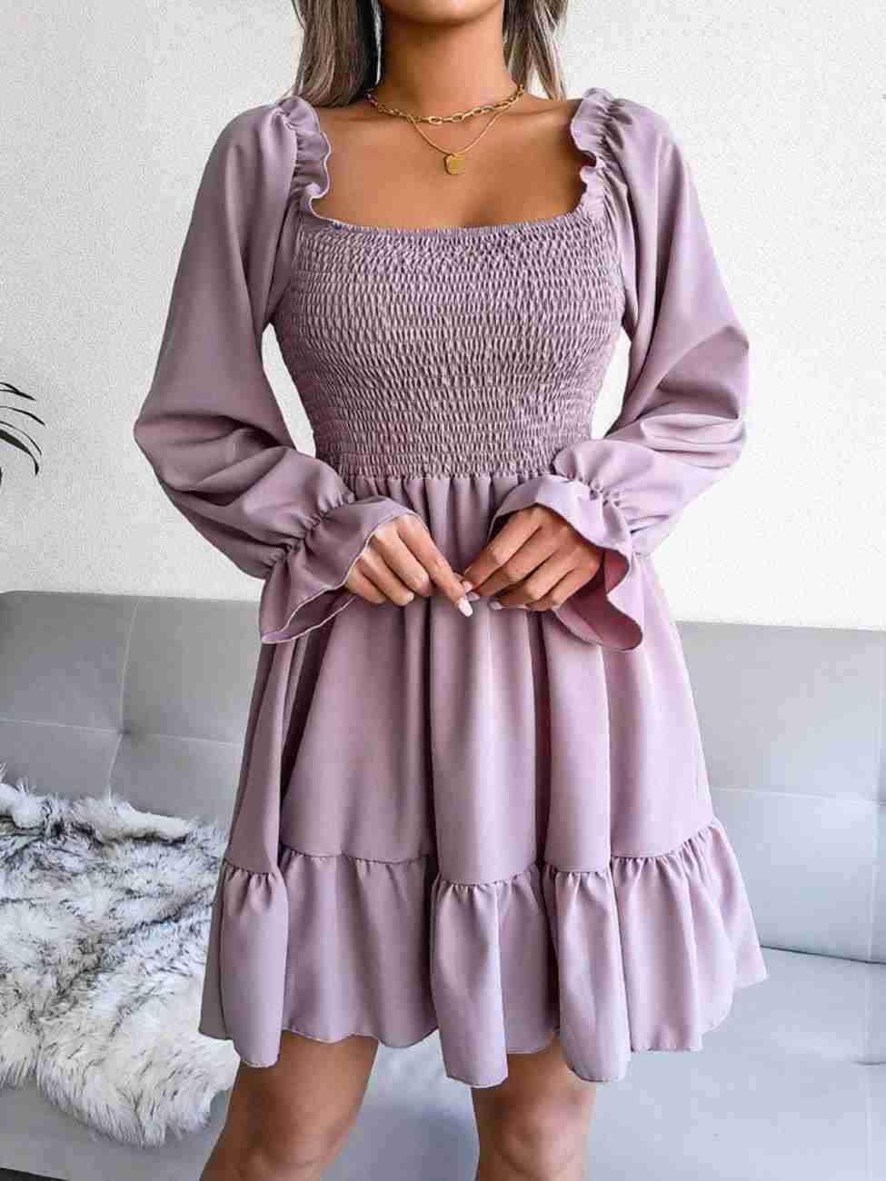 Women’s Blue Printed Square Neck A-Line Dress – Casual Poly Crepe with Ruffle Hem & Flounce Sleeves