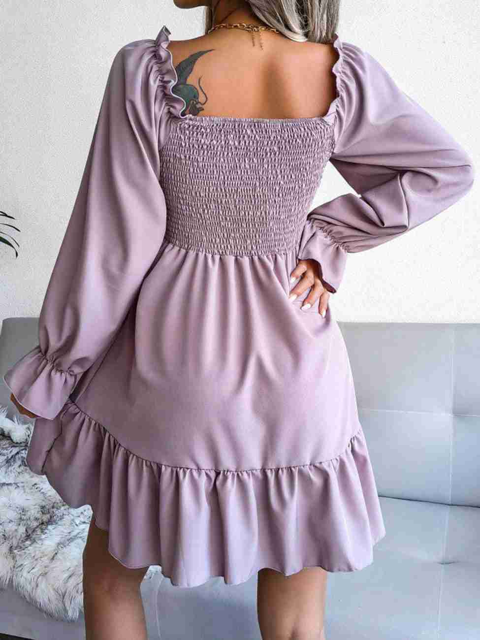 Women’s Blue Printed Square Neck A-Line Dress – Casual Poly Crepe with Ruffle Hem & Flounce Sleeves