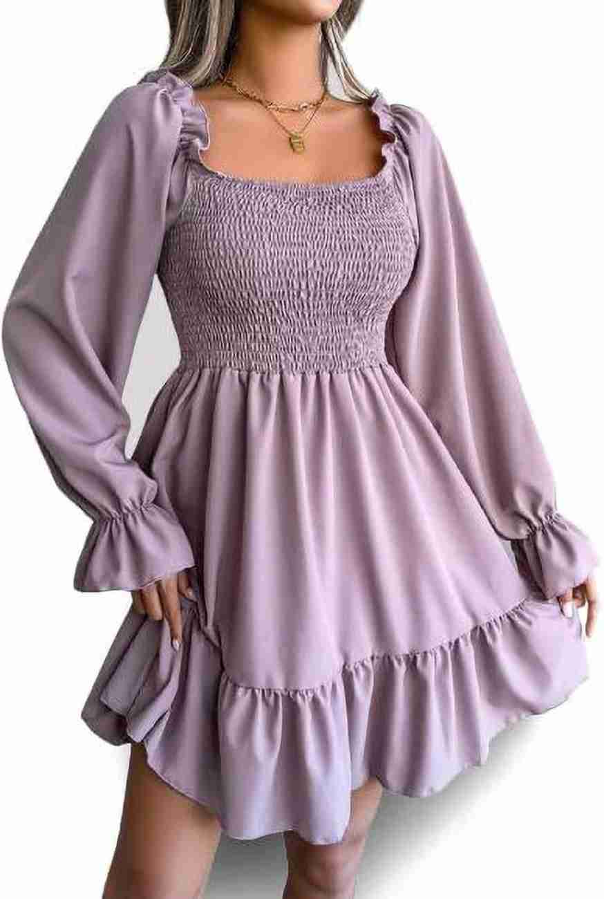 Women’s Blue Printed Square Neck A-Line Dress – Casual Poly Crepe with Ruffle Hem & Flounce Sleeves