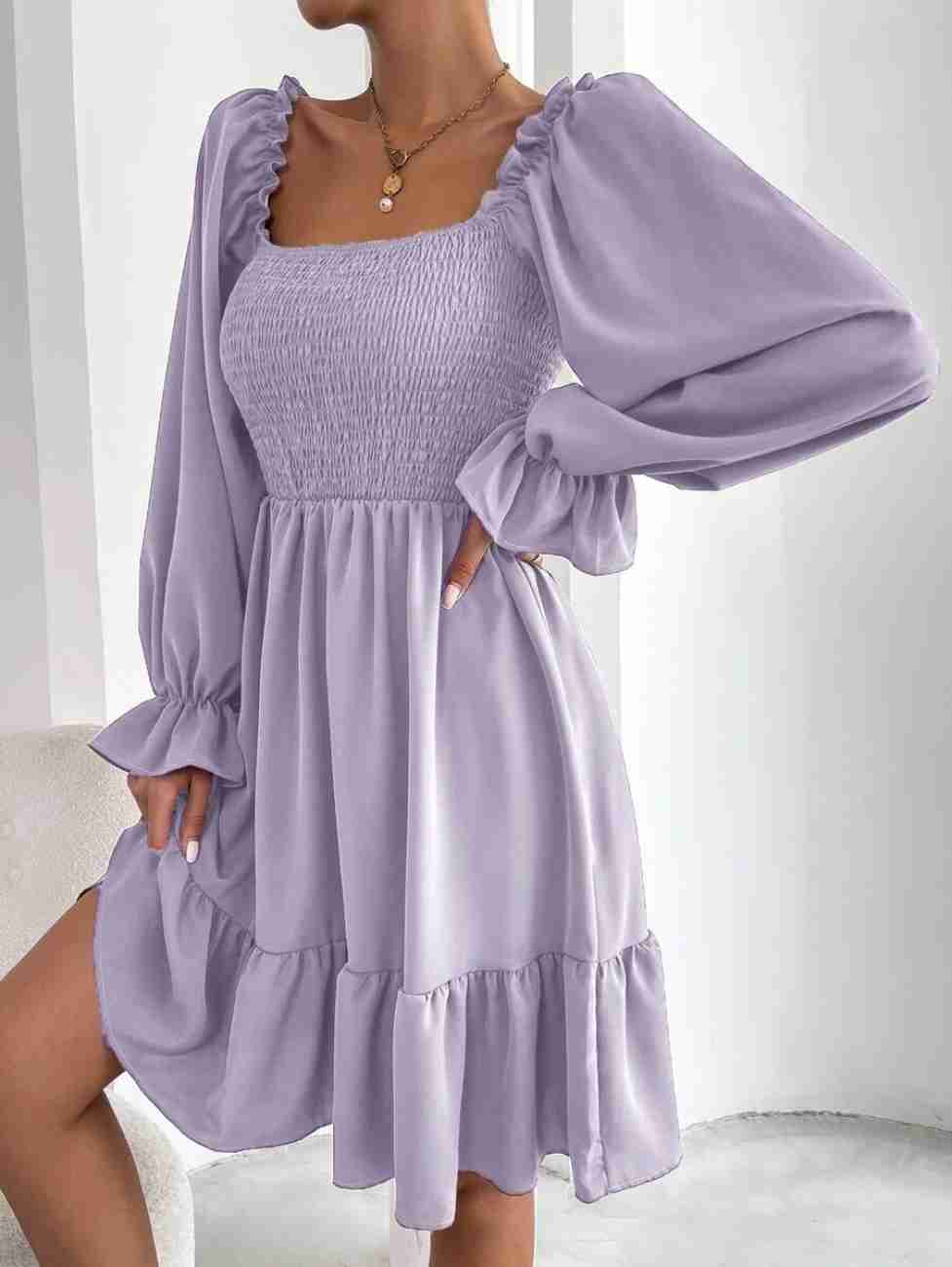 Women’s Blue Printed Square Neck A-Line Dress – Casual Poly Crepe with Ruffle Hem & Flounce Sleeves