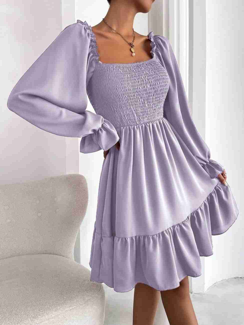 Women’s Blue Printed Square Neck A-Line Dress – Casual Poly Crepe with Ruffle Hem & Flounce Sleeves