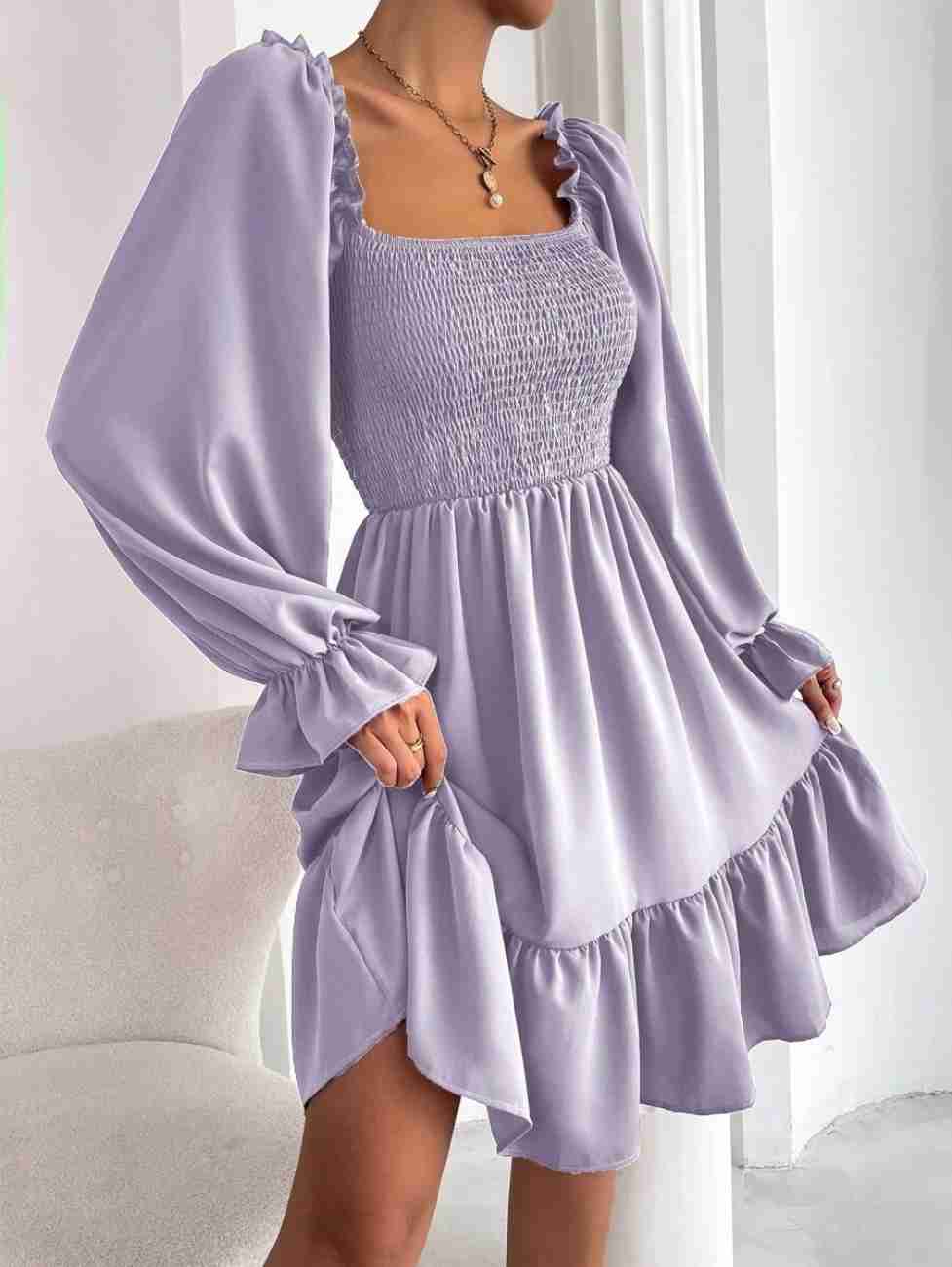 Women’s Blue Printed Square Neck A-Line Dress – Casual Poly Crepe with Ruffle Hem & Flounce Sleeves