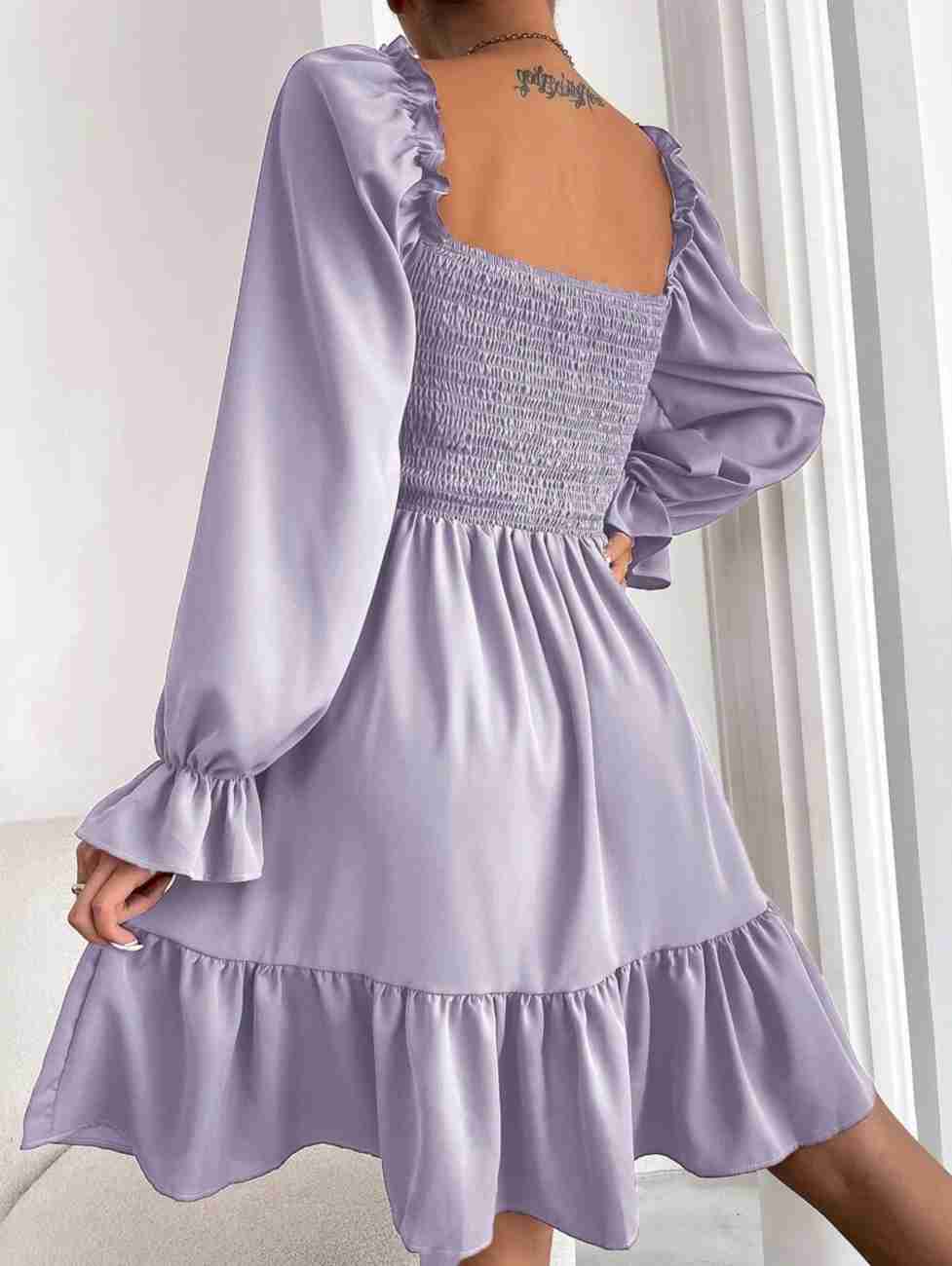 Women’s Blue Printed Square Neck A-Line Dress – Casual Poly Crepe with Ruffle Hem & Flounce Sleeves