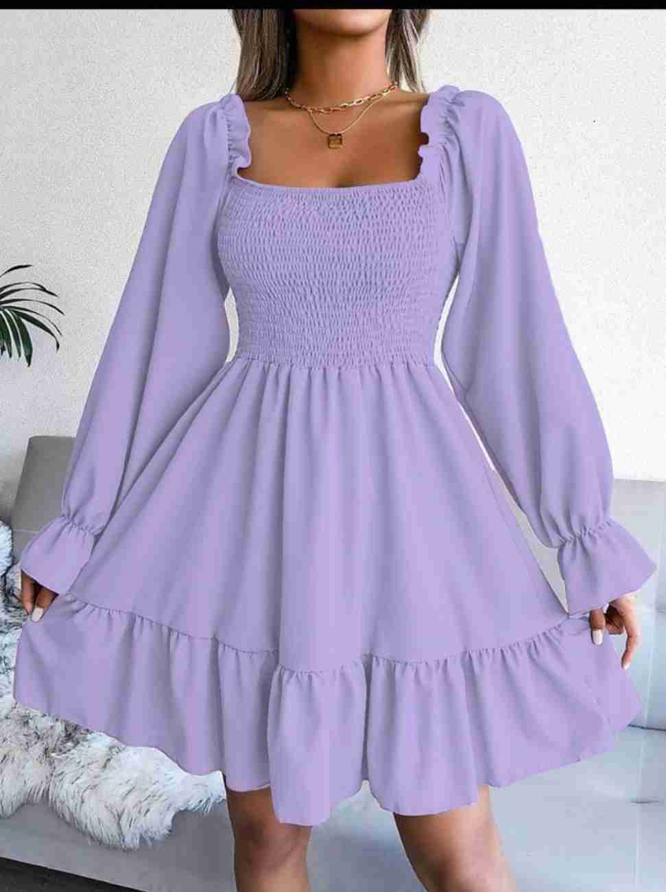 Women’s Blue Printed Square Neck A-Line Dress – Casual Poly Crepe with Ruffle Hem & Flounce Sleeves
