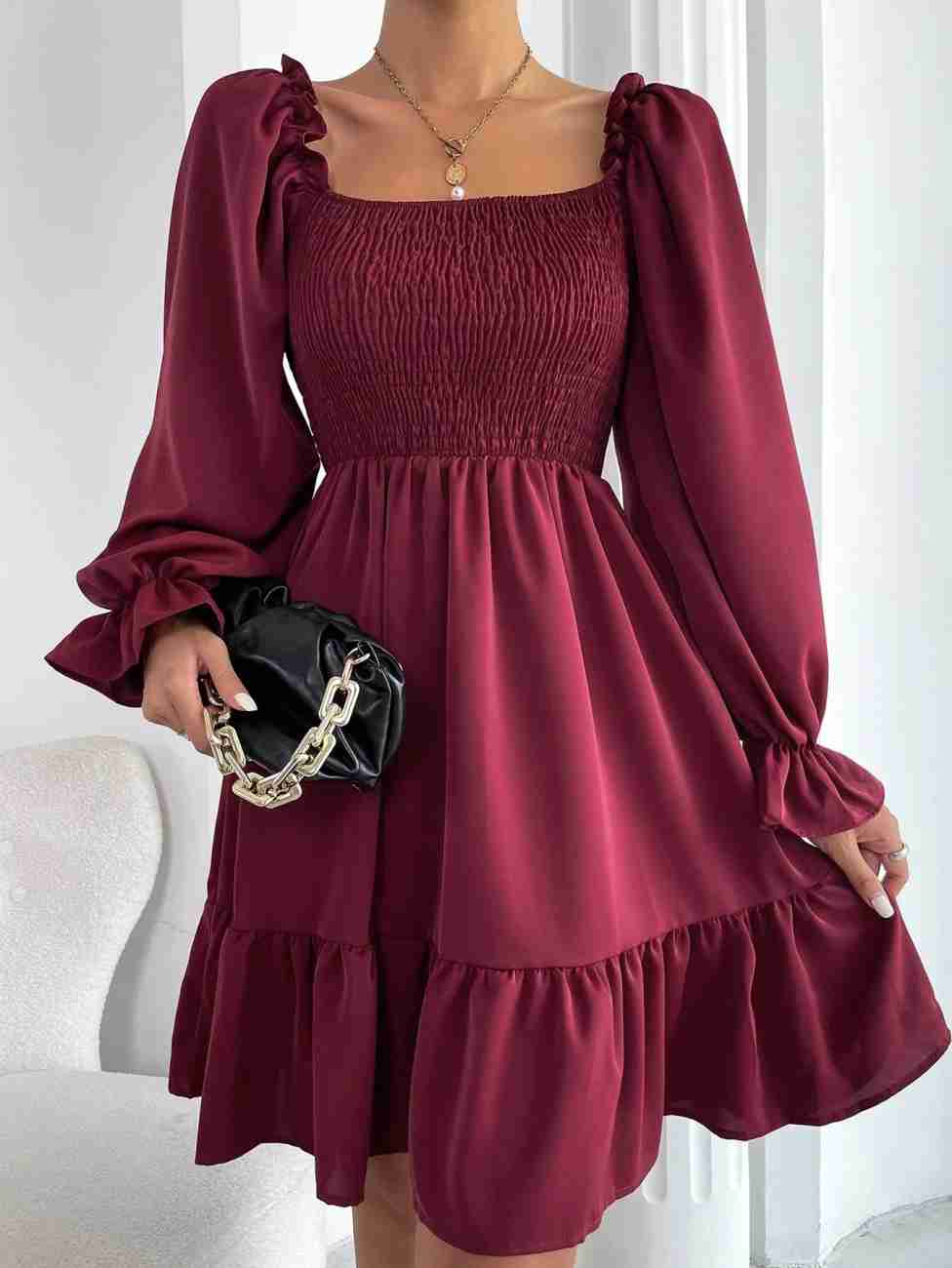 Women’s Blue Printed Square Neck A-Line Dress – Casual Poly Crepe with Ruffle Hem & Flounce Sleeves