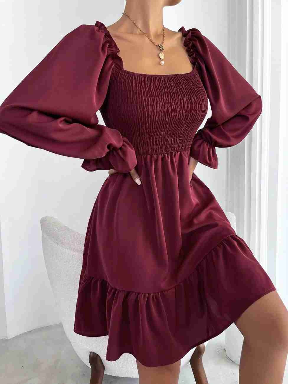 Women’s Blue Printed Square Neck A-Line Dress – Casual Poly Crepe with Ruffle Hem & Flounce Sleeves