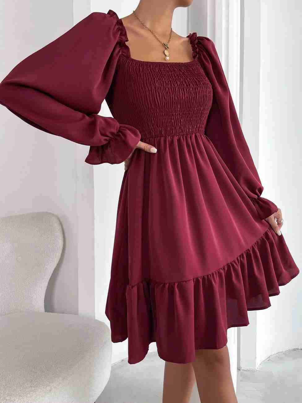 Women’s Blue Printed Square Neck A-Line Dress – Casual Poly Crepe with Ruffle Hem & Flounce Sleeves