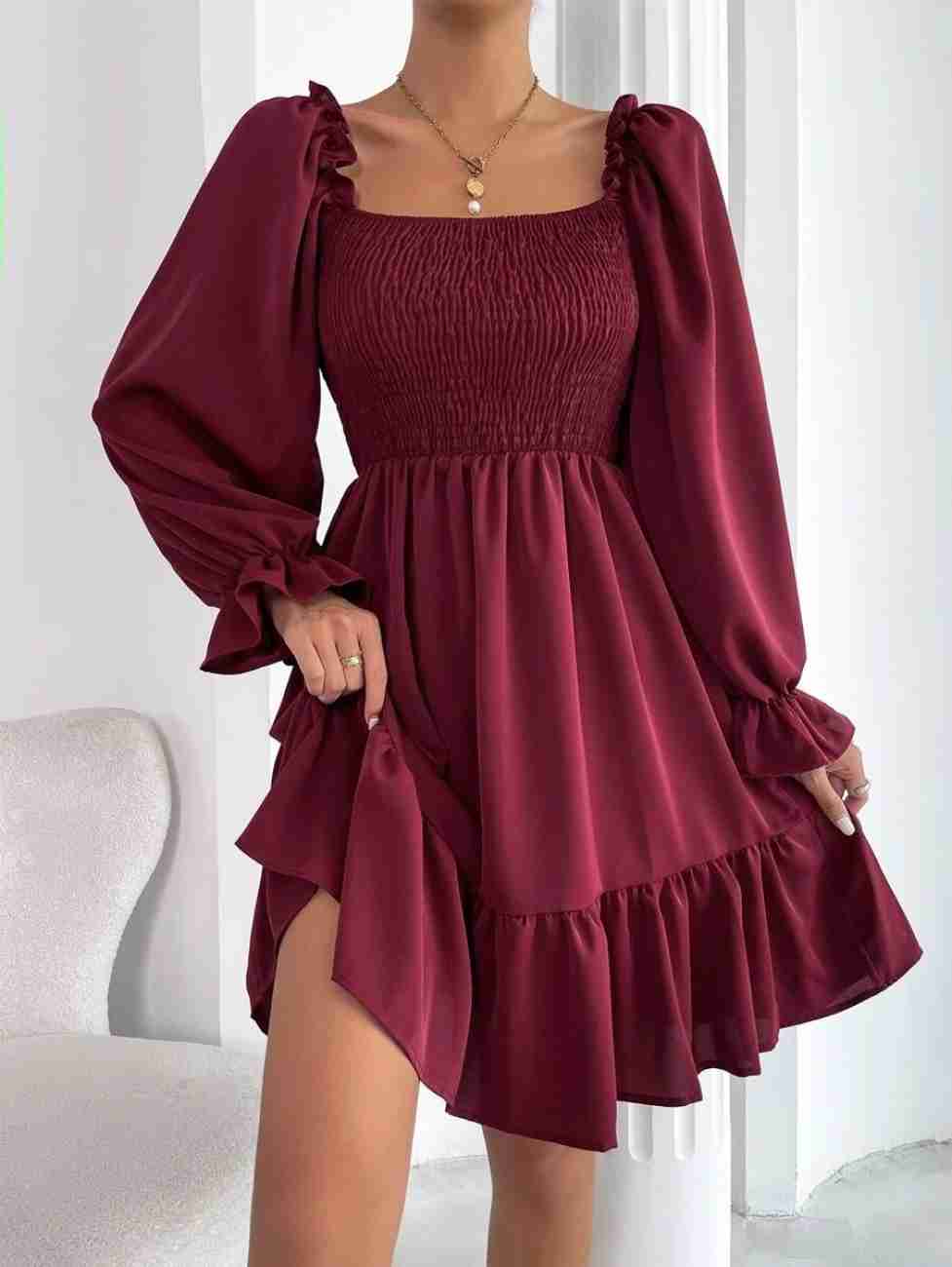 Women’s Blue Printed Square Neck A-Line Dress – Casual Poly Crepe with Ruffle Hem & Flounce Sleeves