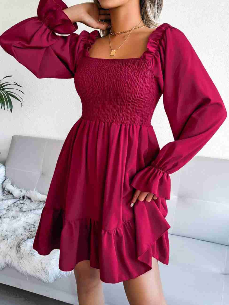 Women’s Blue Printed Square Neck A-Line Dress – Casual Poly Crepe with Ruffle Hem & Flounce Sleeves