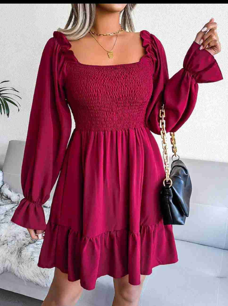 Women’s Blue Printed Square Neck A-Line Dress – Casual Poly Crepe with Ruffle Hem & Flounce Sleeves
