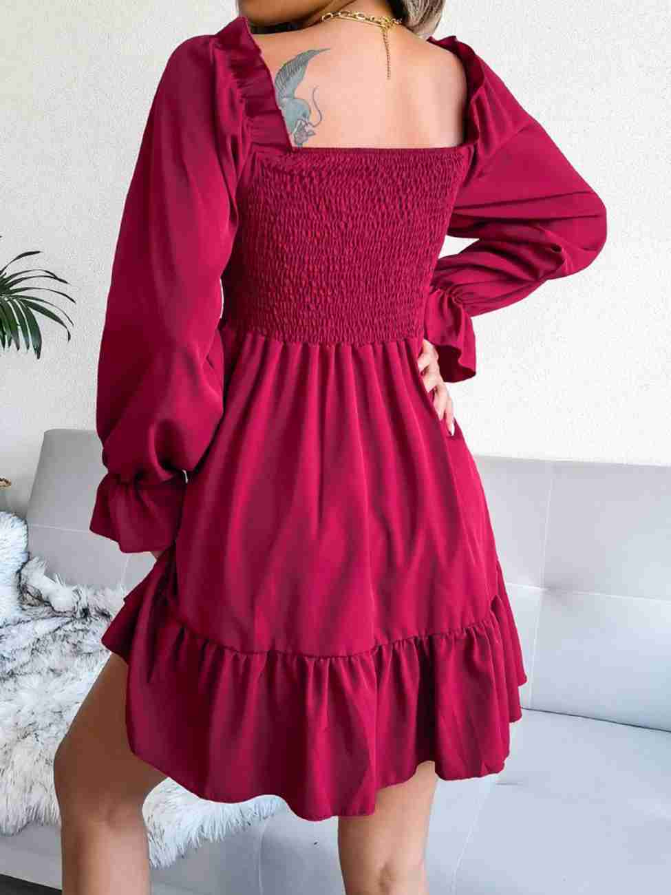 Women’s Blue Printed Square Neck A-Line Dress – Casual Poly Crepe with Ruffle Hem & Flounce Sleeves