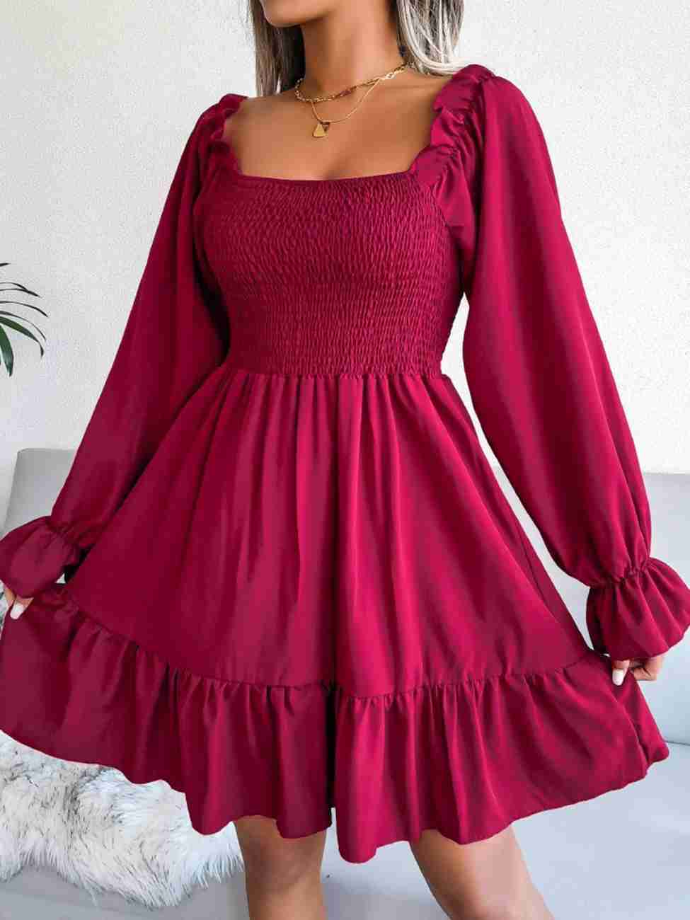 Women’s Blue Printed Square Neck A-Line Dress – Casual Poly Crepe with Ruffle Hem & Flounce Sleeves