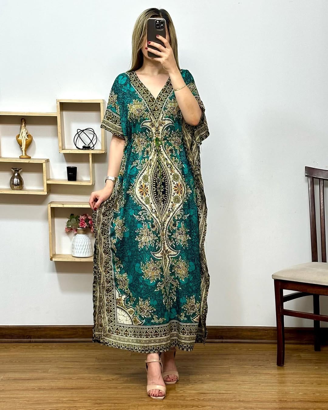 Printed V-Neck Long Maxi Caftan – Loose Fit with Elegant Design & Short Sleeves