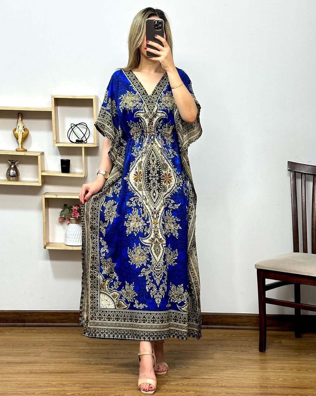 Printed V-Neck Long Maxi Caftan – Loose Fit with Elegant Design & Short Sleeves