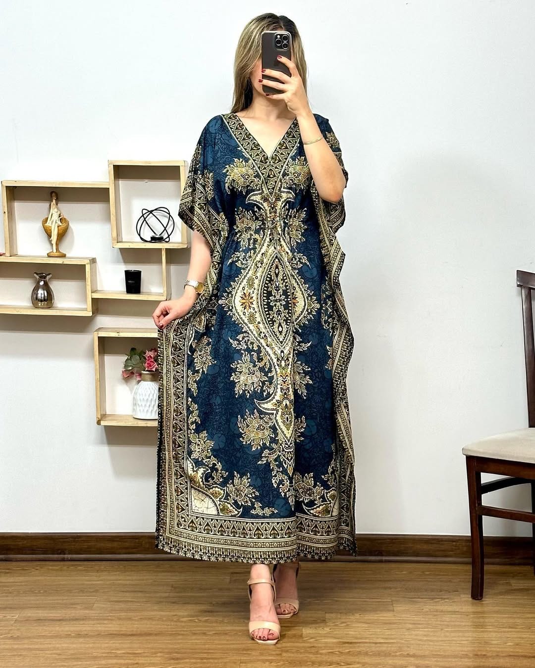 Printed V-Neck Long Maxi Caftan – Loose Fit with Elegant Design & Short Sleeves