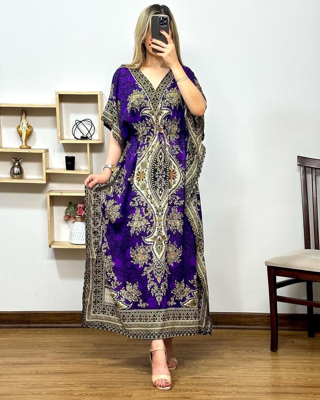 Printed V-Neck Long Maxi Caftan – Loose Fit with Elegant Design & Short Sleeves