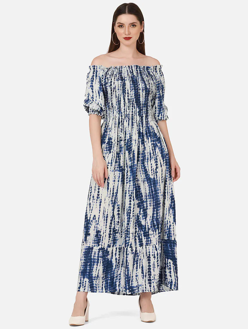 Women's Off-Shoulder Multicolor Maxi Dress – Floral Printed Rayon Gown for Daily & Casual Wear