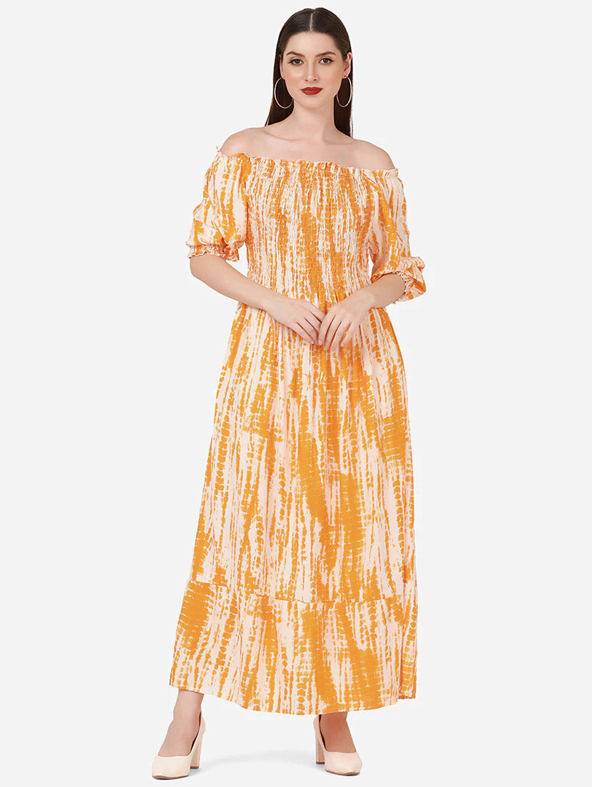 Women's Off-Shoulder Multicolor Maxi Dress – Floral Printed Rayon Gown for Daily & Casual Wear