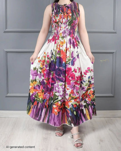 Sleeve-less Round Neck Floral Printed Rayon Fit and Flare Gowns