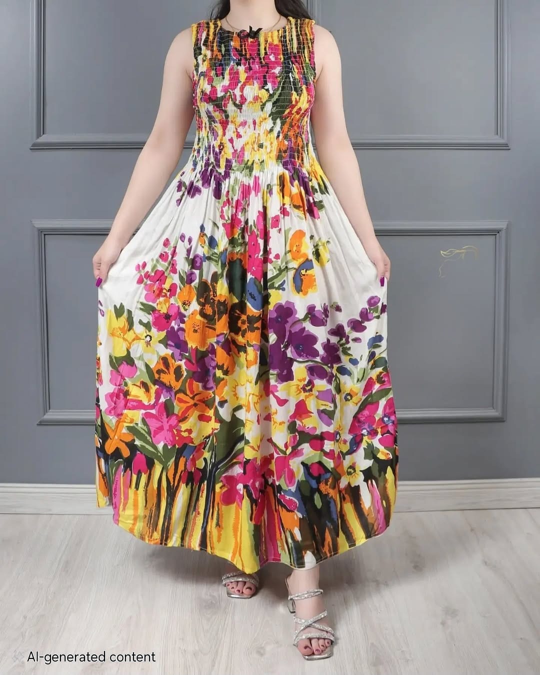Sleeve-less Round Neck Floral Printed Rayon Fit and Flare Gowns