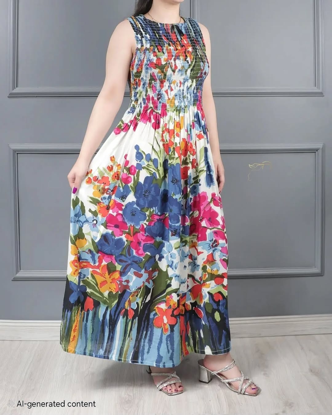 Sleeve-less Round Neck Floral Printed Rayon Fit and Flare Gowns
