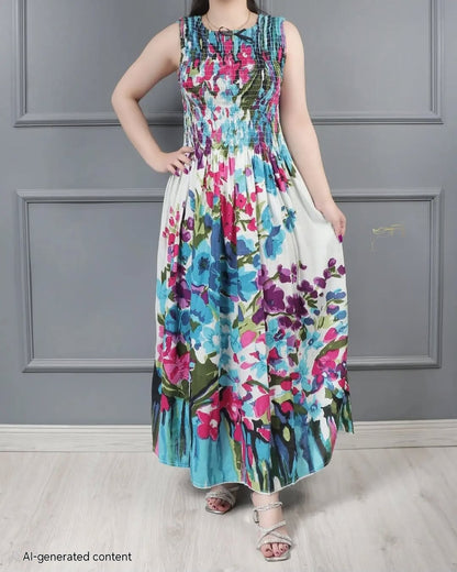 Sleeve-less Round Neck Floral Printed Rayon Fit and Flare Gowns