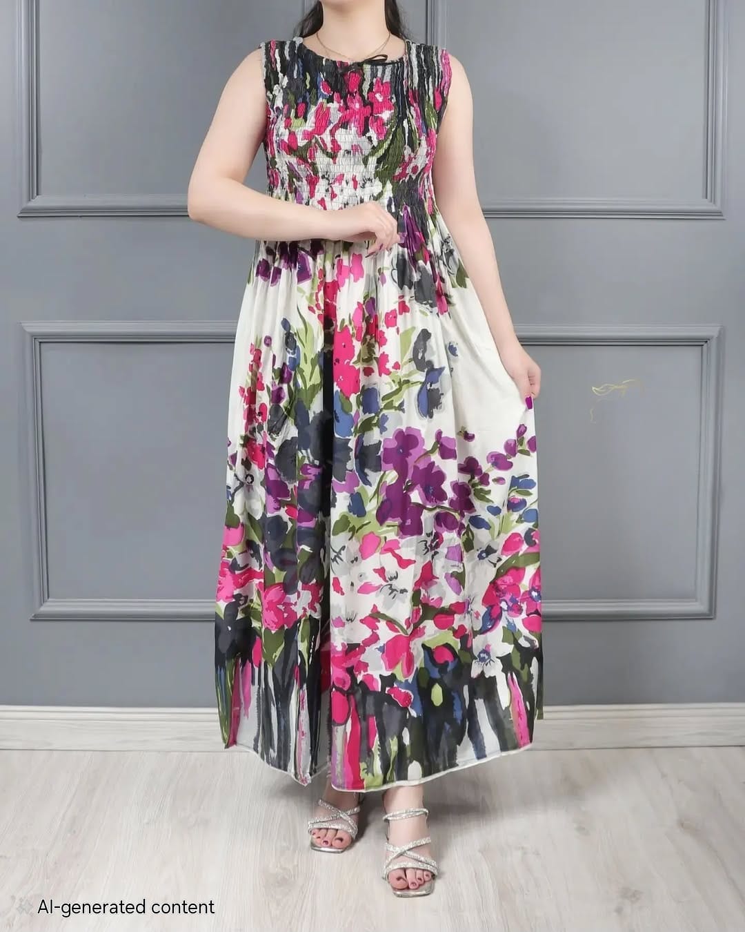 Sleeve-less Round Neck Floral Printed Rayon Fit and Flare Gowns