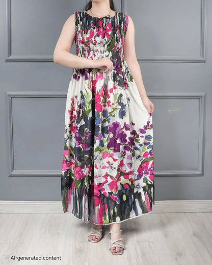 Sleeve-less Round Neck Floral Printed Rayon Fit and Flare Gowns