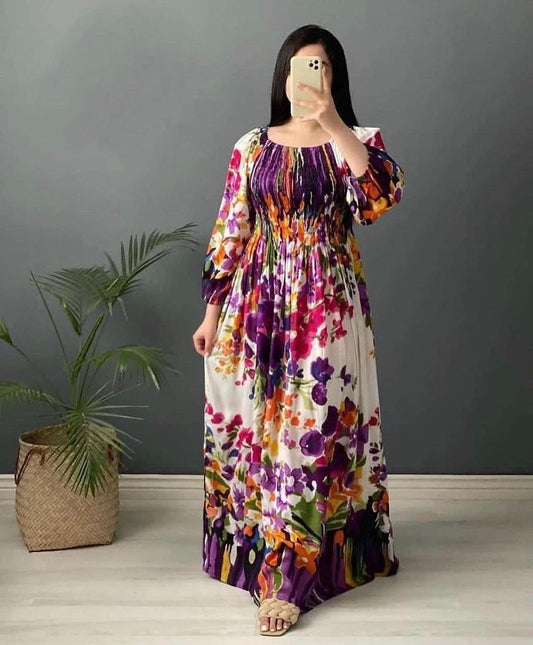 Full Sleeves Round Neck Floral Printed Rayon Fit and Flare Gowns
