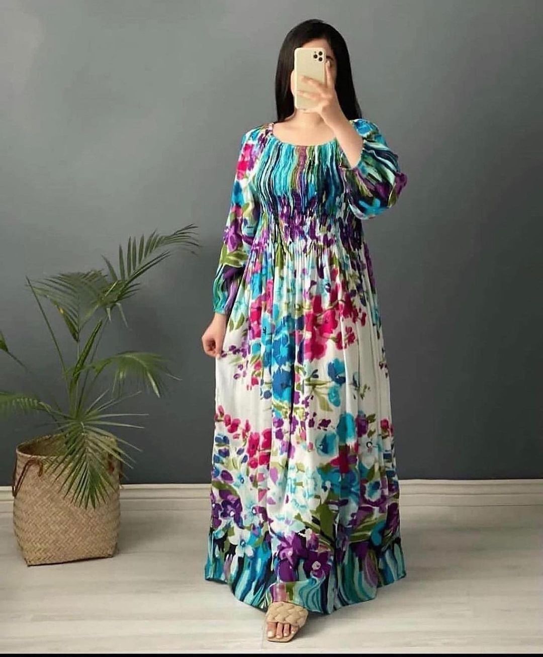 Full Sleeves Round Neck Floral Printed Rayon Fit and Flare Gowns